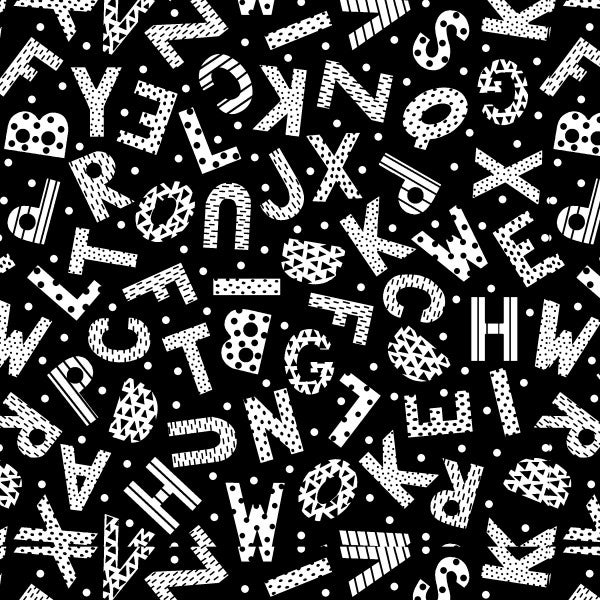 Puuvillakangas Ilona, 112cm, Kirjaimet mustavalkoinen